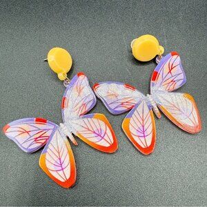 Colorful Orange and Purple Acrylic Butterfly Earrings - Pierced